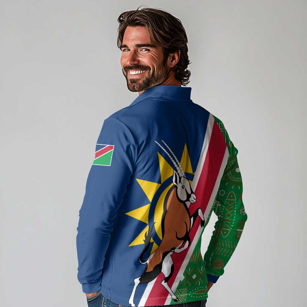 Namibia Flag Long Sleeve Polo Shirt Detailed Design with Traditional Patterns