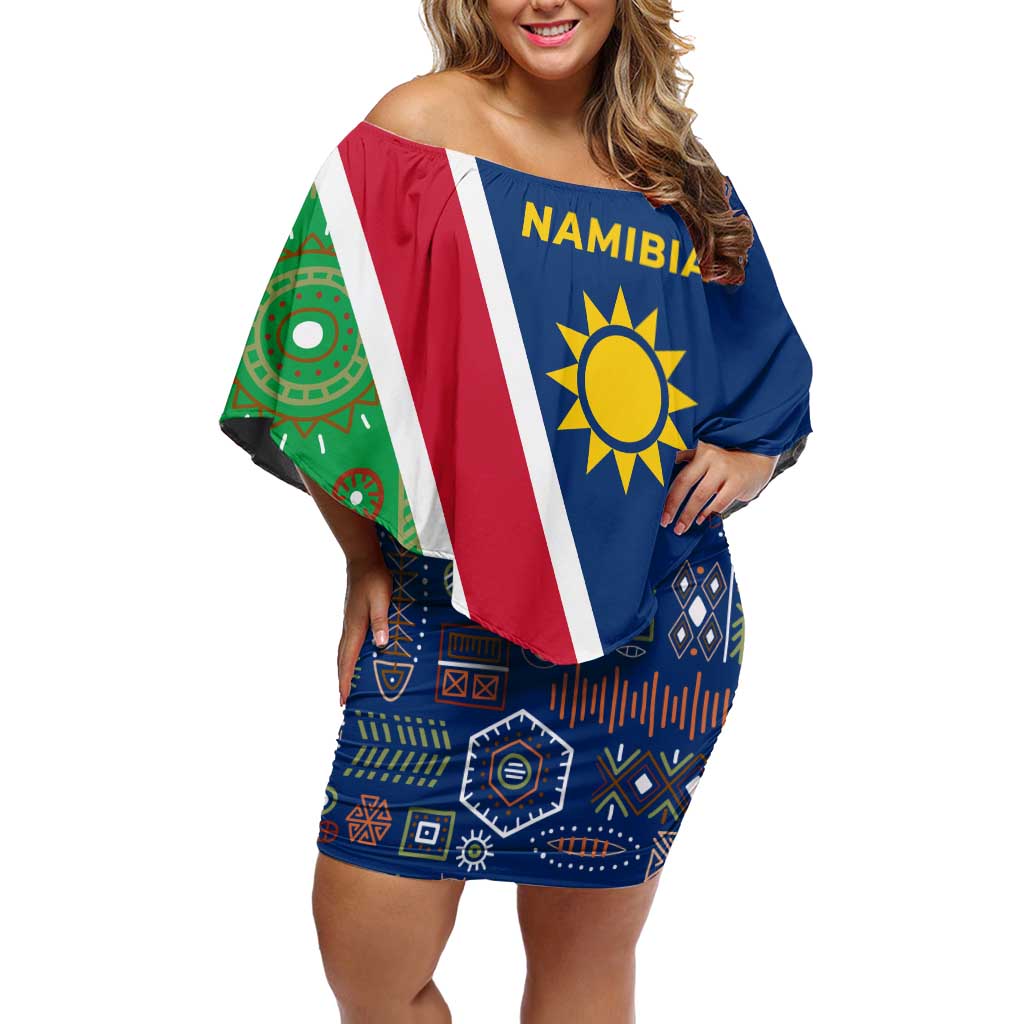 Namibia Flag Off Shoulder Short Dress Detailed Design with Traditional Patterns