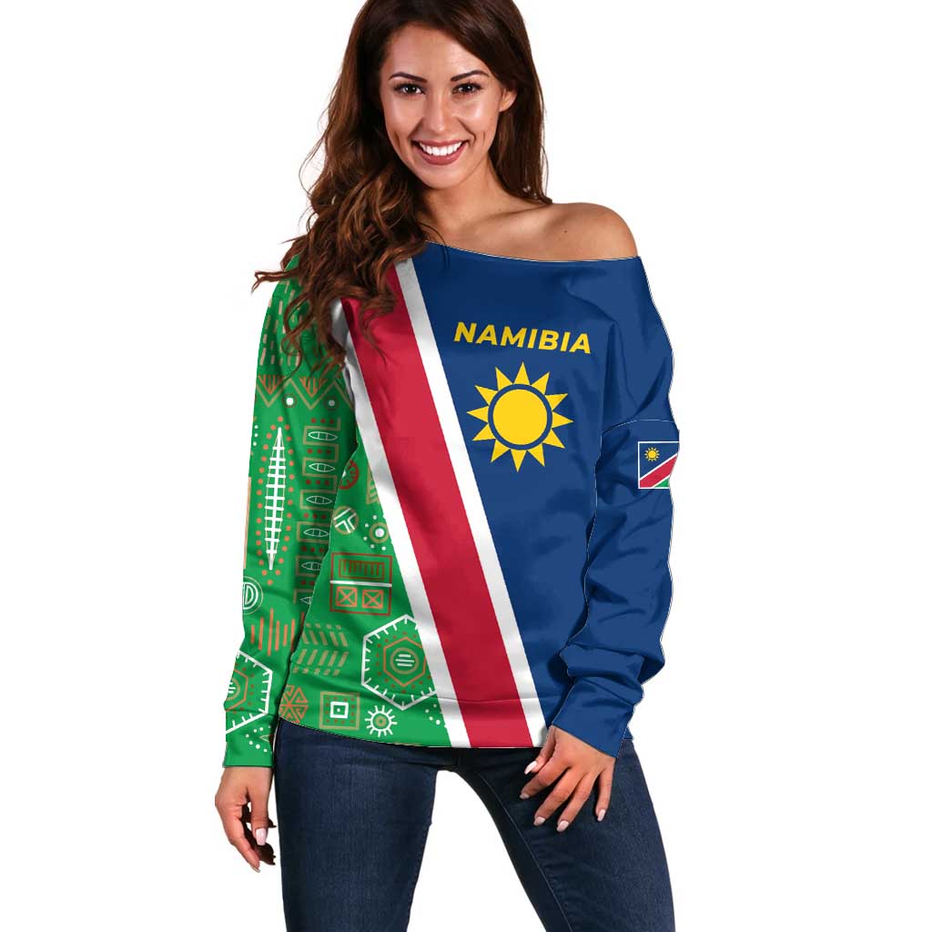 Namibia Flag Off Shoulder Sweater Detailed Design with Traditional Patterns