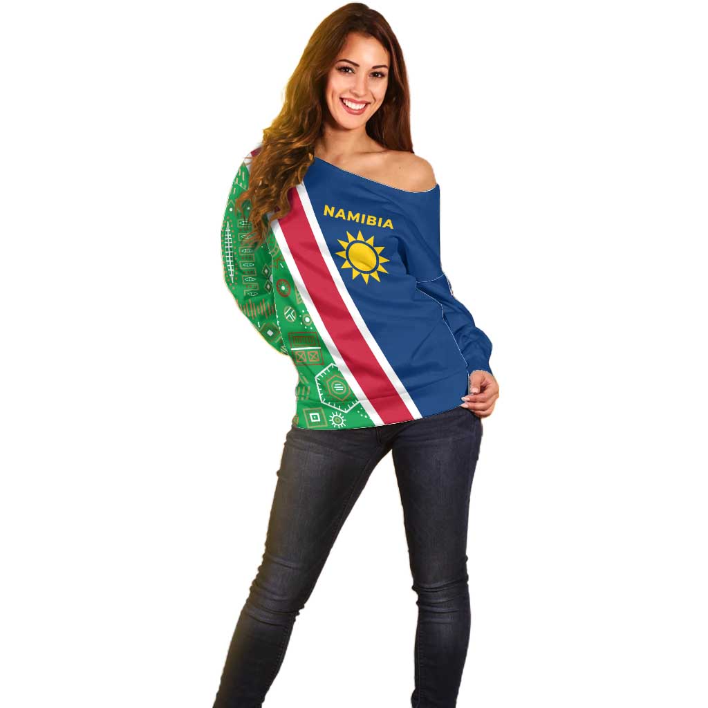 Namibia Flag Off Shoulder Sweater Detailed Design with Traditional Patterns