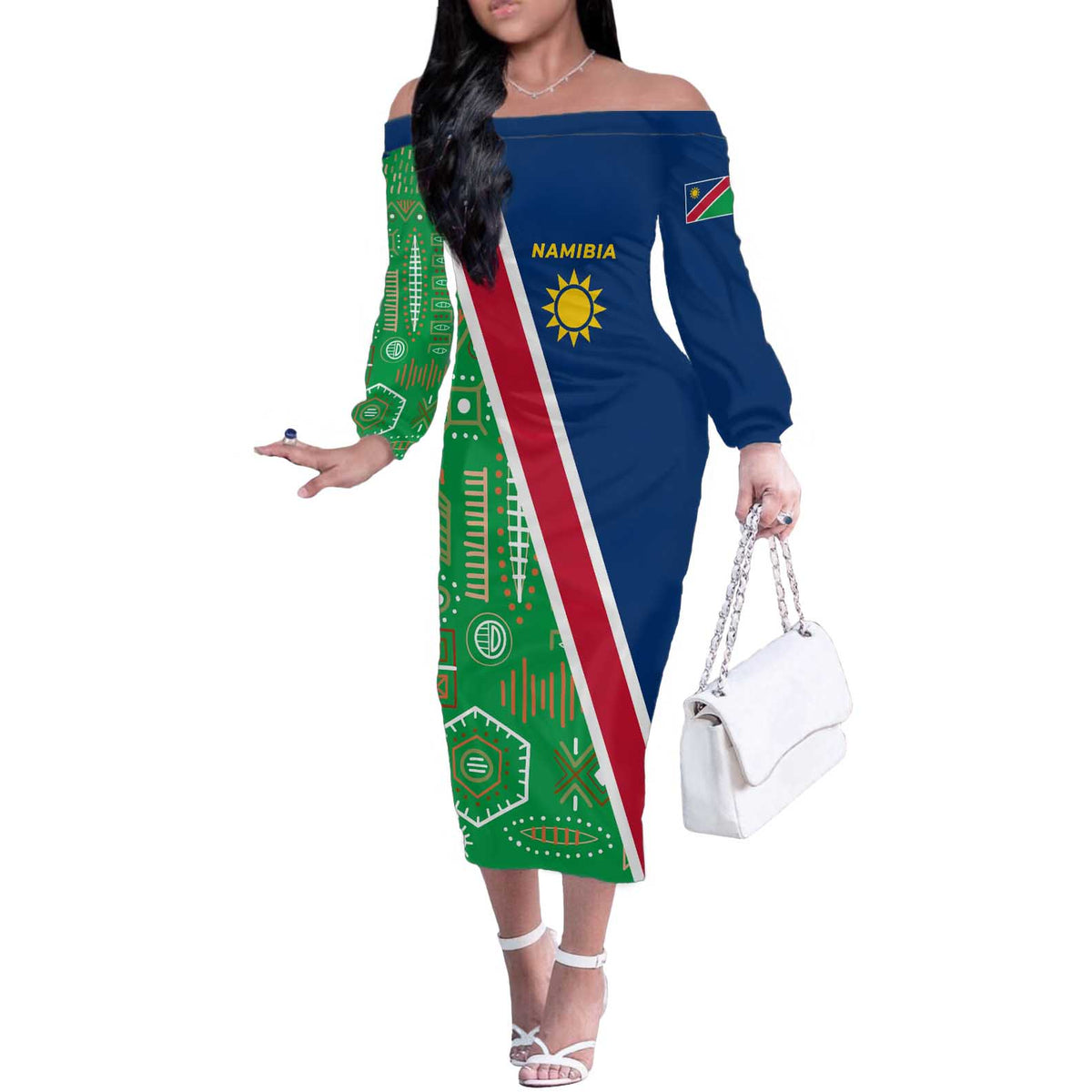 Namibia Flag Off The Shoulder Long Sleeve Dress Detailed Design with Traditional Patterns