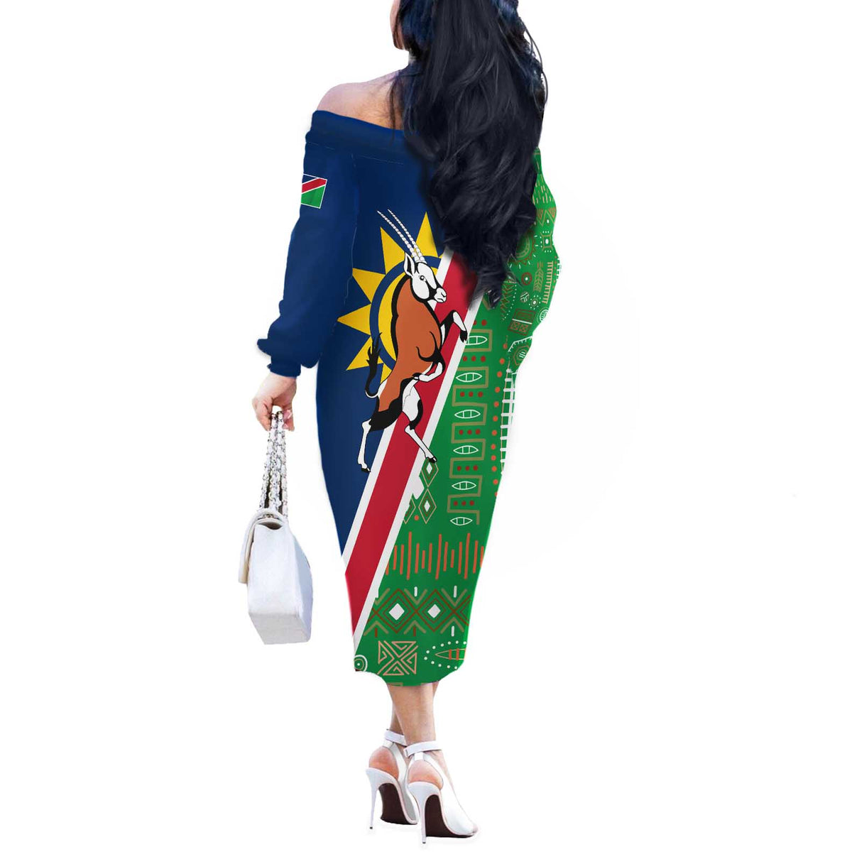 Namibia Flag Off The Shoulder Long Sleeve Dress Detailed Design with Traditional Patterns