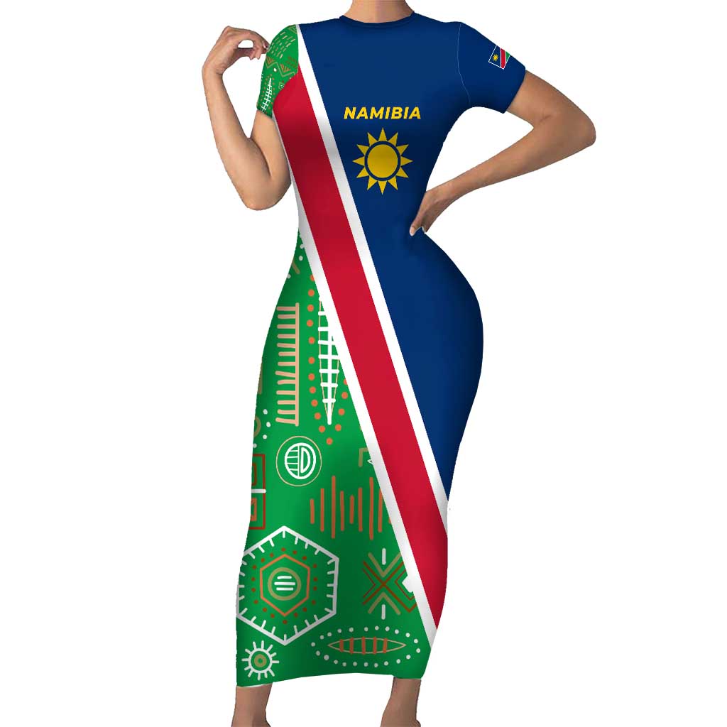 Namibia Flag Short Sleeve Bodycon Dress Detailed Design with Traditional Patterns