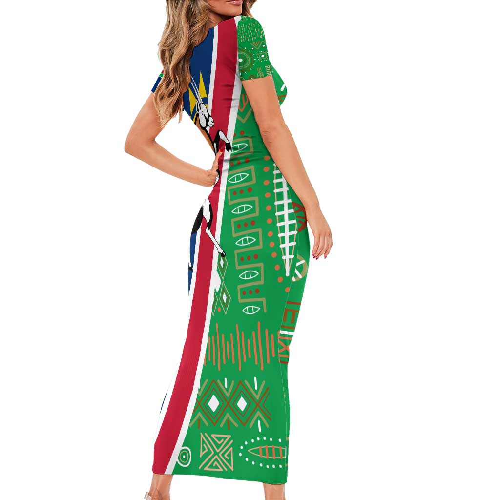 Namibia Flag Short Sleeve Bodycon Dress Detailed Design with Traditional Patterns