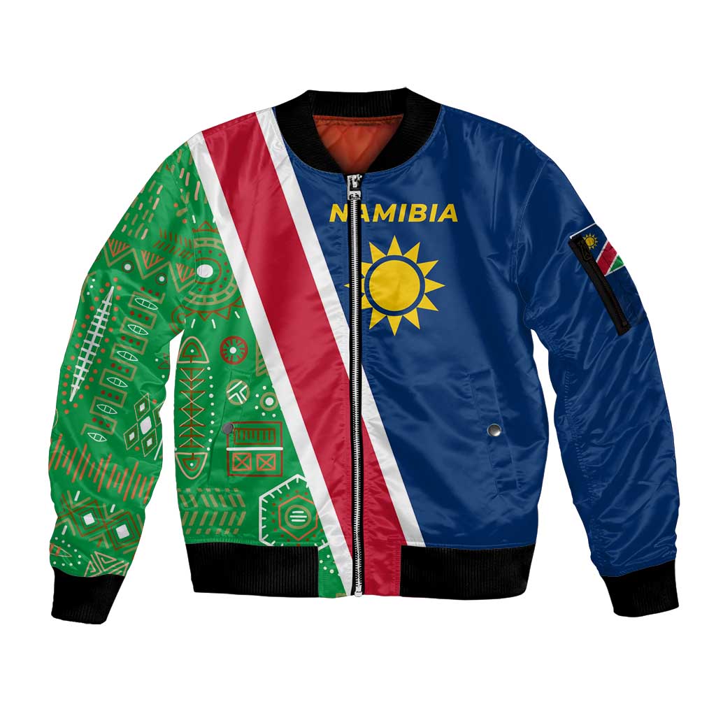 Namibia Flag Sleeve Zip Bomber Jacket Detailed Design with Traditional Patterns