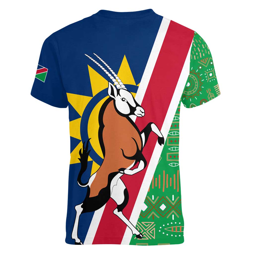 Namibia Flag Women V-Neck T-Shirt Detailed Design with Traditional Patterns