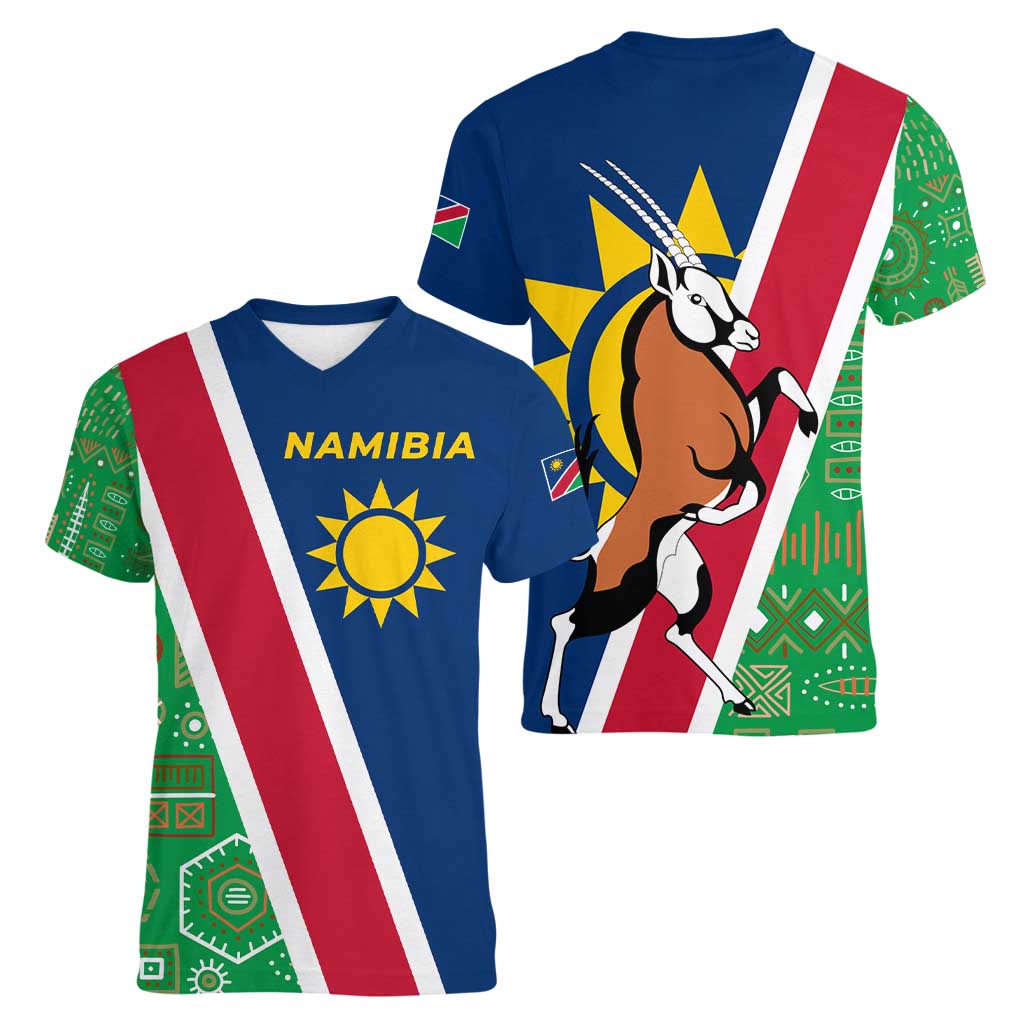 Namibia Flag Women V-Neck T-Shirt Detailed Design with Traditional Patterns
