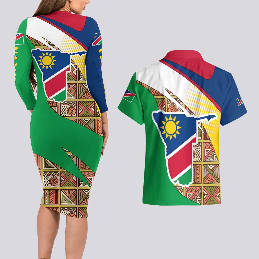 Namibia Map Couples Matching Long Sleeve Bodycon Dress and Hawaiian Shirt National Emblem & Cultural Motif Design