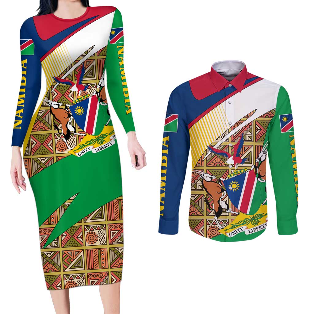 Namibia Map Couples Matching Long Sleeve Bodycon Dress and Long Sleeve Button Shirt National Emblem & Cultural Motif Design