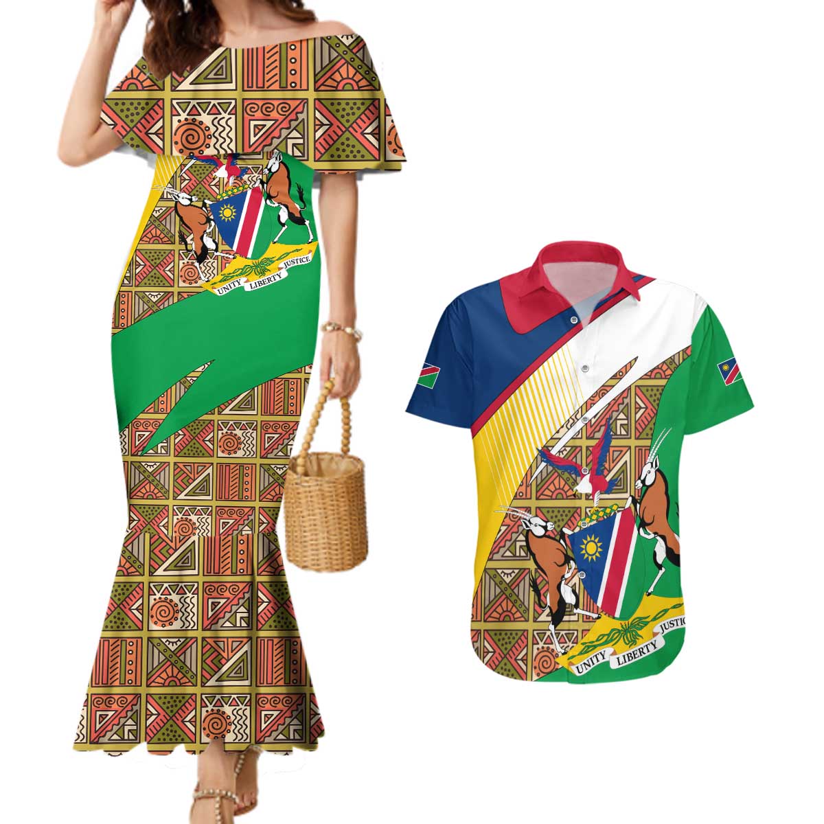Namibia Map Couples Matching Mermaid Dress and Hawaiian Shirt National Emblem & Cultural Motif Design