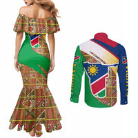 Namibia Map Couples Matching Mermaid Dress and Long Sleeve Button Shirt National Emblem & Cultural Motif Design