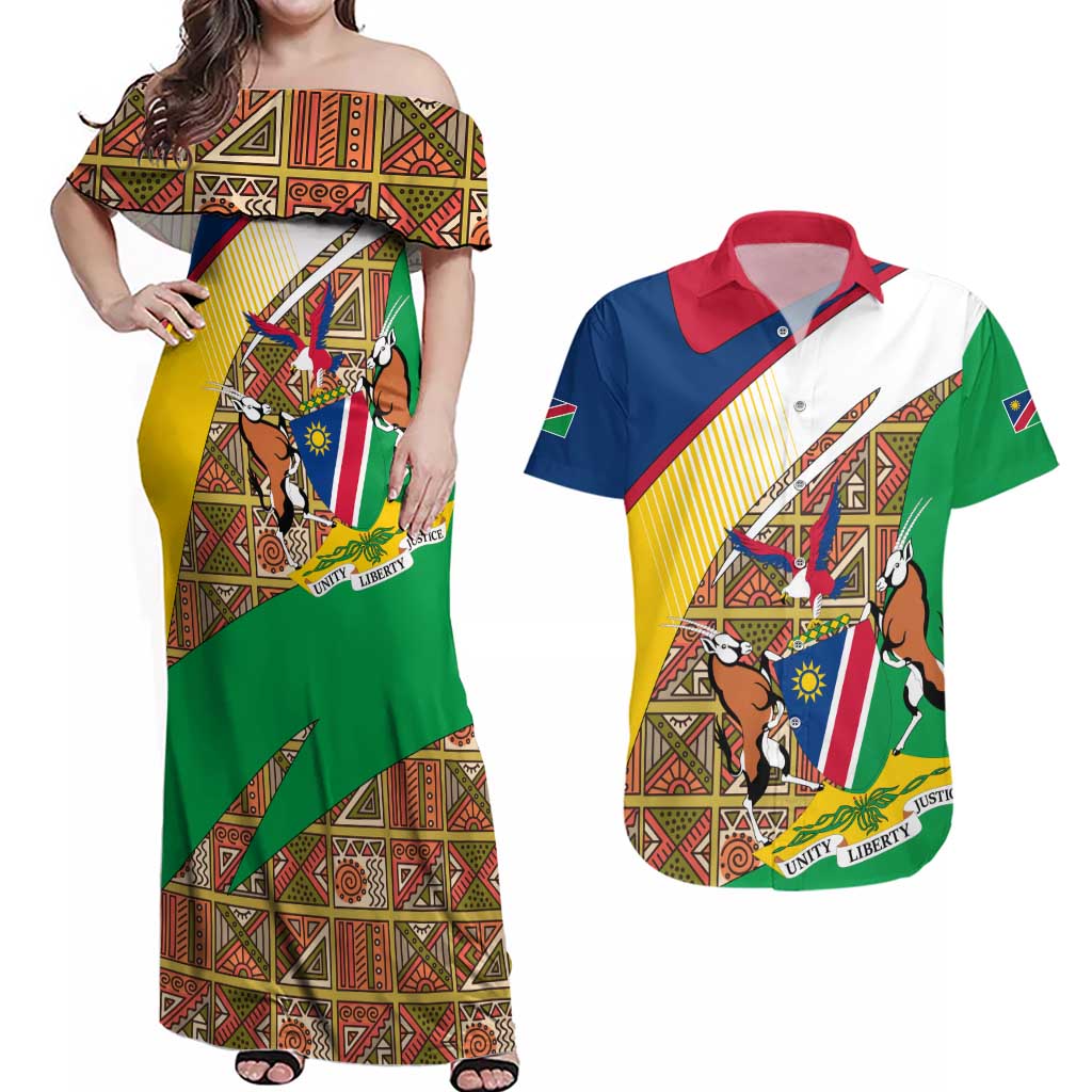 Namibia Map Couples Matching Off Shoulder Maxi Dress and Hawaiian Shirt National Emblem & Cultural Motif Design