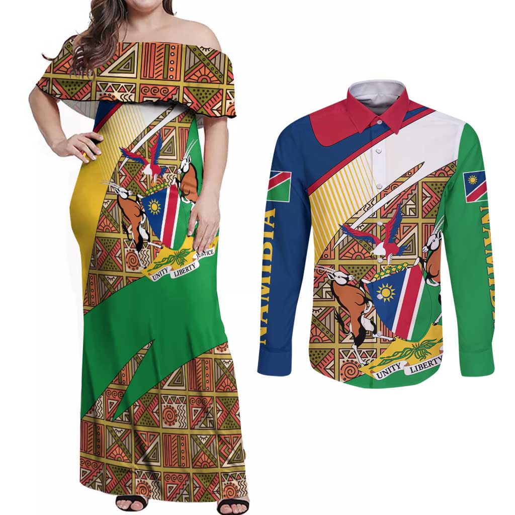 Namibia Map Couples Matching Off Shoulder Maxi Dress and Long Sleeve Button Shirt National Emblem & Cultural Motif Design