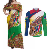 Namibia Map Couples Matching Off Shoulder Maxi Dress and Long Sleeve Button Shirt National Emblem & Cultural Motif Design