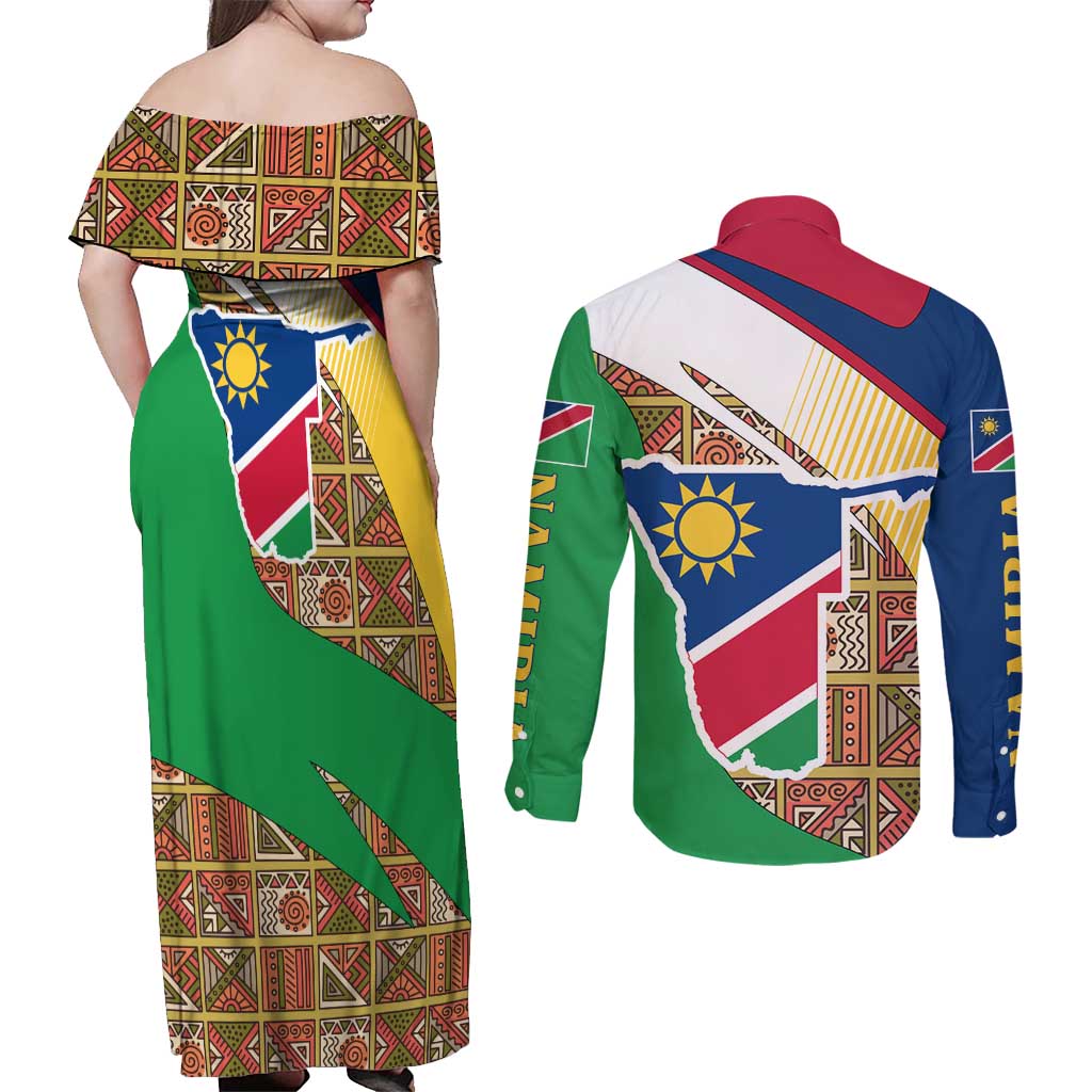 Namibia Map Couples Matching Off Shoulder Maxi Dress and Long Sleeve Button Shirt National Emblem & Cultural Motif Design