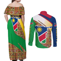Namibia Map Couples Matching Off Shoulder Maxi Dress and Long Sleeve Button Shirt National Emblem & Cultural Motif Design