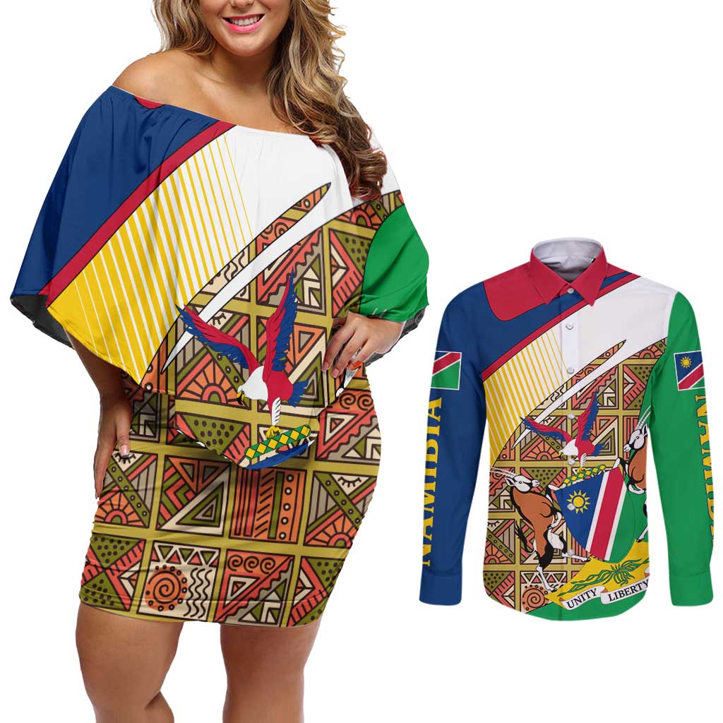 Namibia Map Couples Matching Off Shoulder Short Dress and Long Sleeve Button Shirt National Emblem & Cultural Motif Design