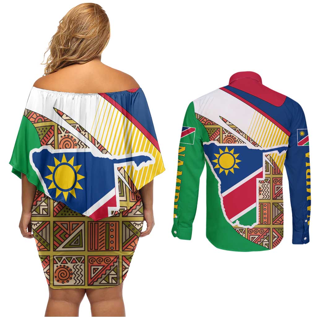 Namibia Map Couples Matching Off Shoulder Short Dress and Long Sleeve Button Shirt National Emblem & Cultural Motif Design