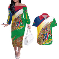 Namibia Map Couples Matching Off The Shoulder Long Sleeve Dress and Hawaiian Shirt National Emblem & Cultural Motif Design