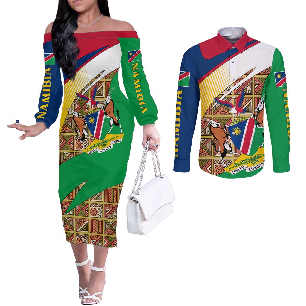 Namibia Map Couples Matching Off The Shoulder Long Sleeve Dress and Long Sleeve Button Shirt National Emblem & Cultural Motif Design