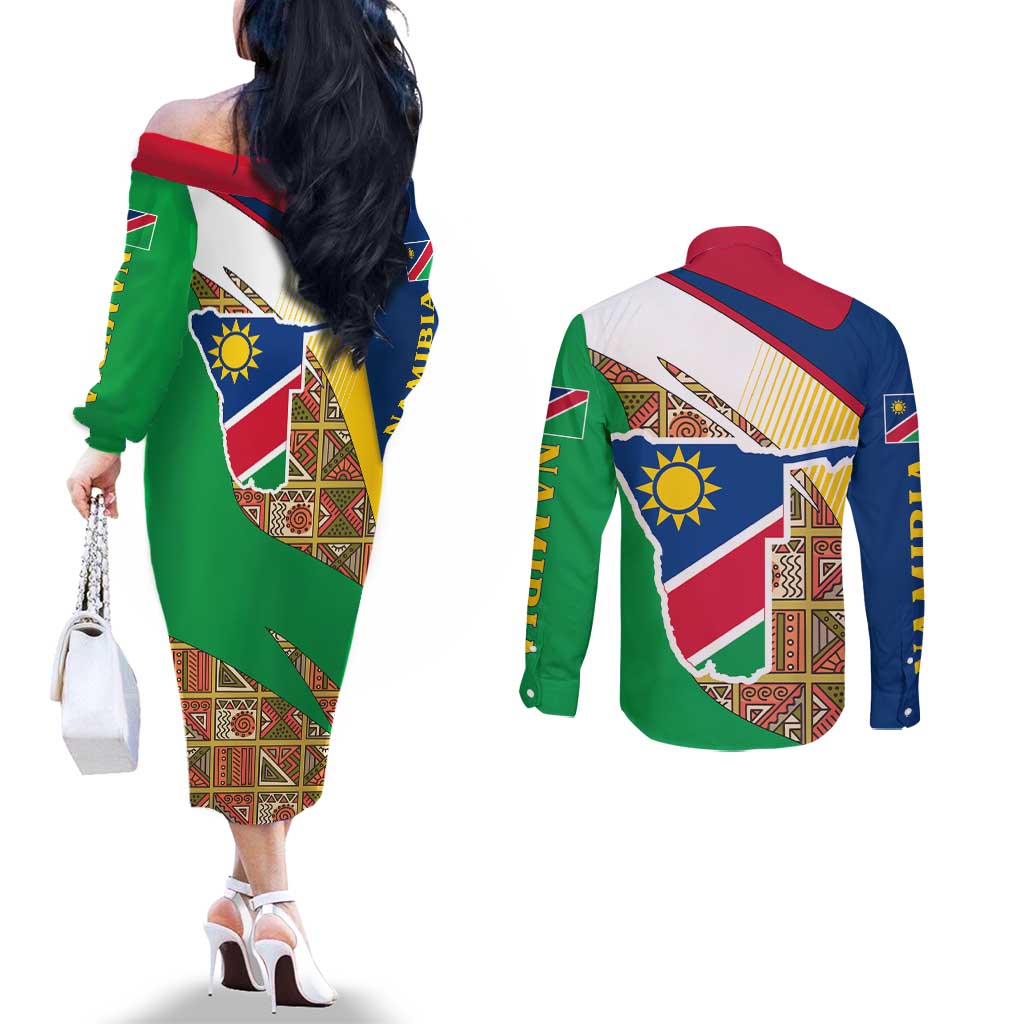 Namibia Map Couples Matching Off The Shoulder Long Sleeve Dress and Long Sleeve Button Shirt National Emblem & Cultural Motif Design