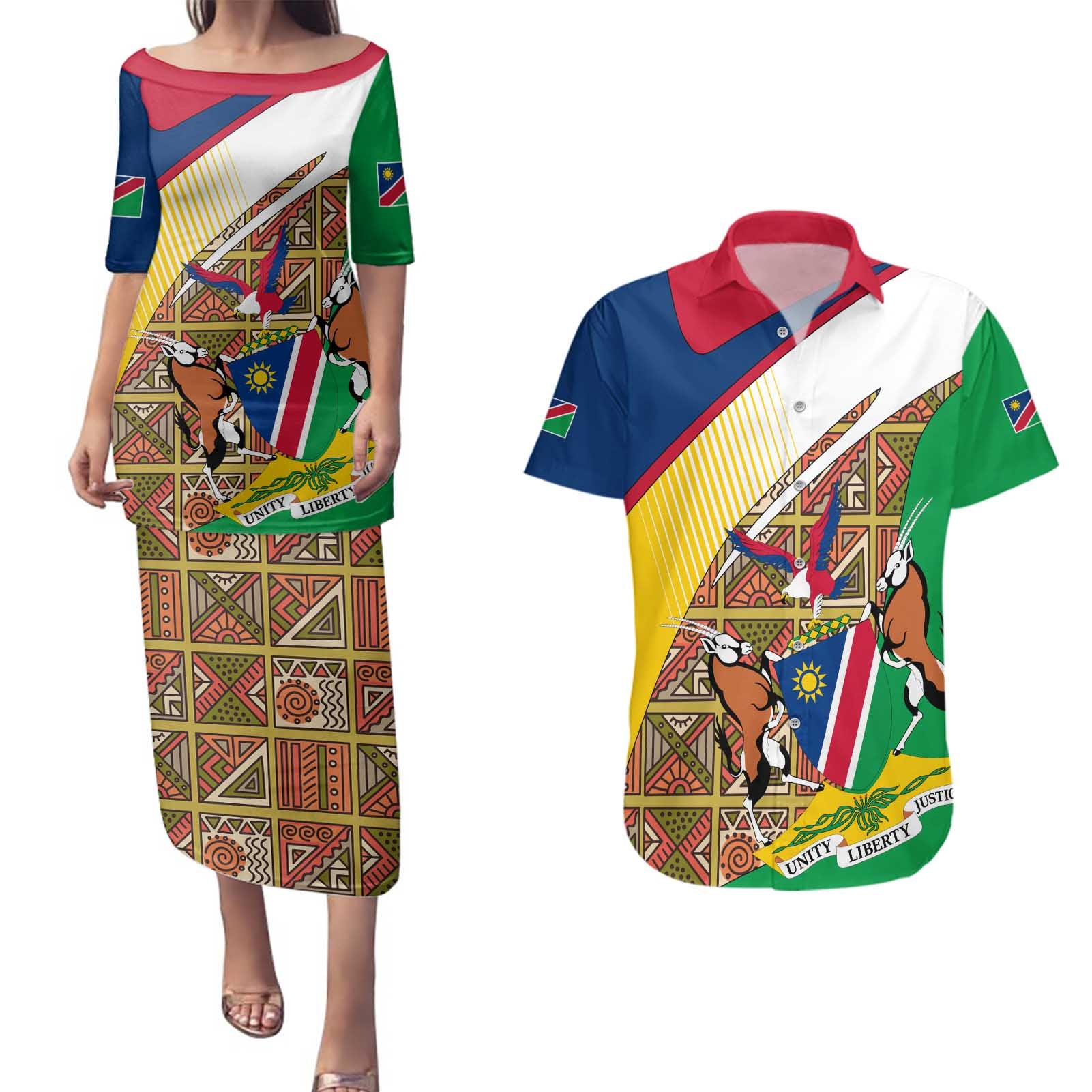 Namibia Map Couples Matching Puletasi and Hawaiian Shirt National Emblem & Cultural Motif Design