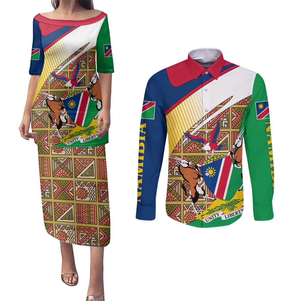 Namibia Map Couples Matching Puletasi and Long Sleeve Button Shirt National Emblem & Cultural Motif Design