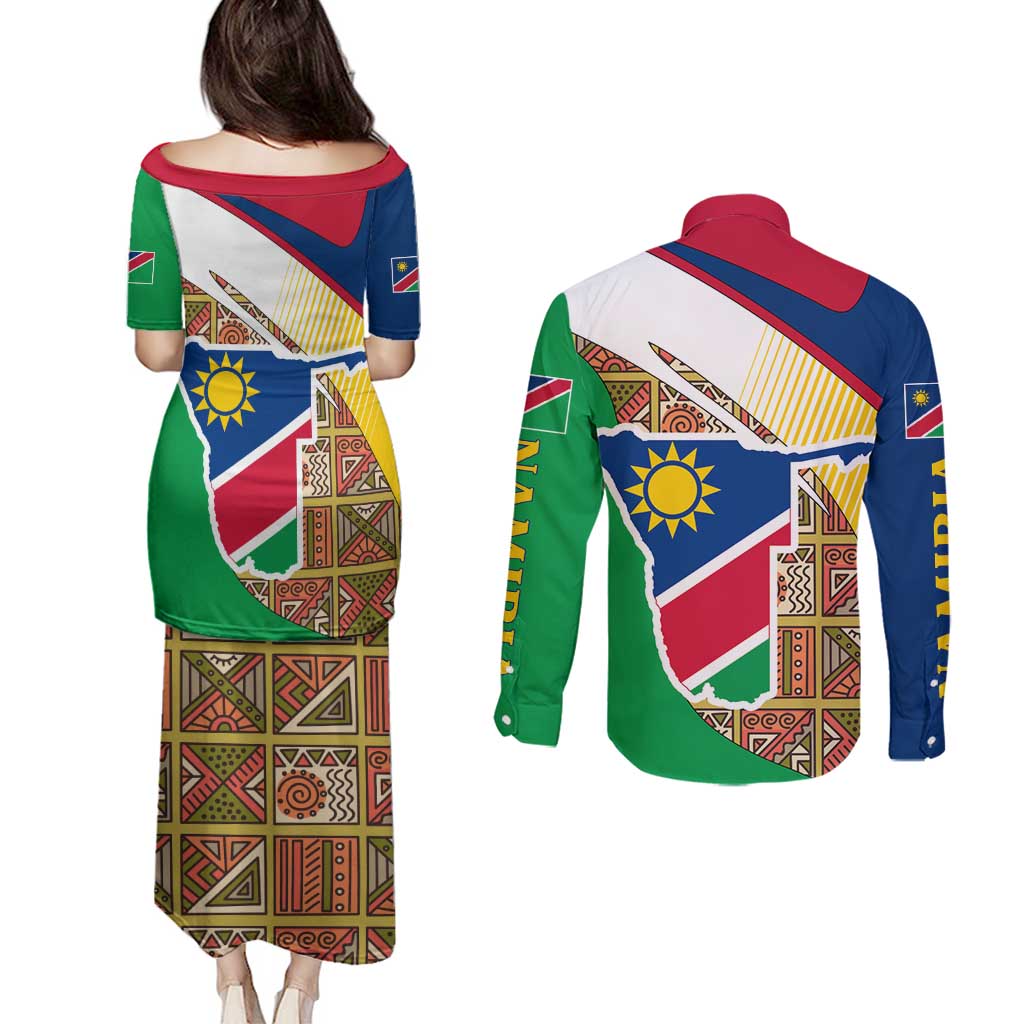 Namibia Map Couples Matching Puletasi and Long Sleeve Button Shirt National Emblem & Cultural Motif Design