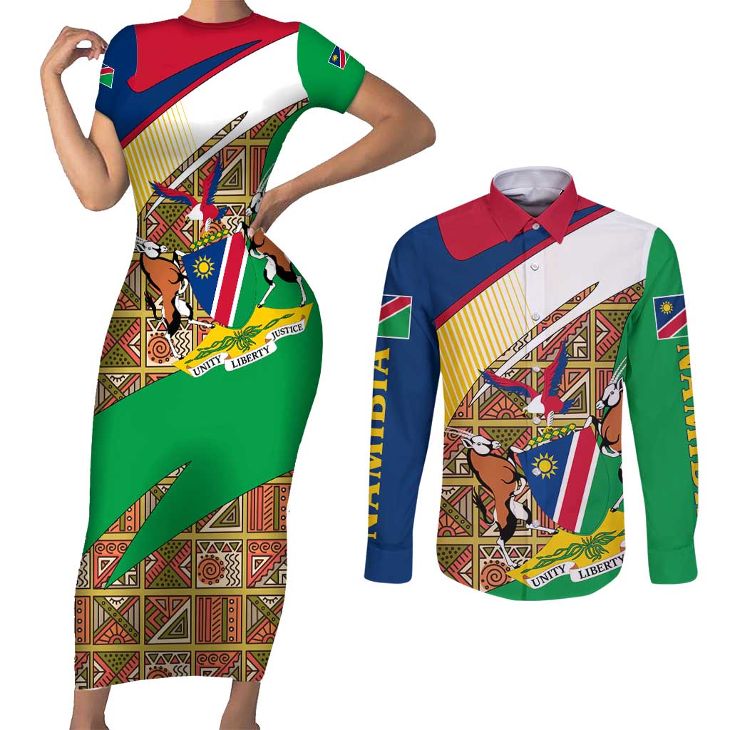 Namibia Map Couples Matching Short Sleeve Bodycon Dress and Long Sleeve Button Shirt National Emblem & Cultural Motif Design