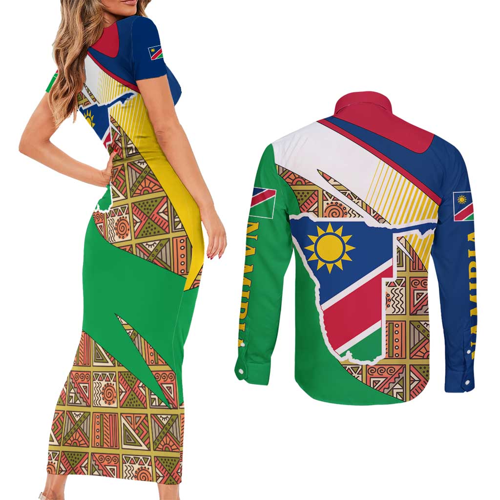 Namibia Map Couples Matching Short Sleeve Bodycon Dress and Long Sleeve Button Shirt National Emblem & Cultural Motif Design