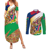 Namibia Map Couples Matching Summer Maxi Dress and Long Sleeve Button Shirt National Emblem & Cultural Motif Design
