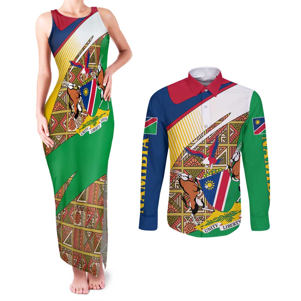 Namibia Map Couples Matching Tank Maxi Dress and Long Sleeve Button Shirt National Emblem & Cultural Motif Design