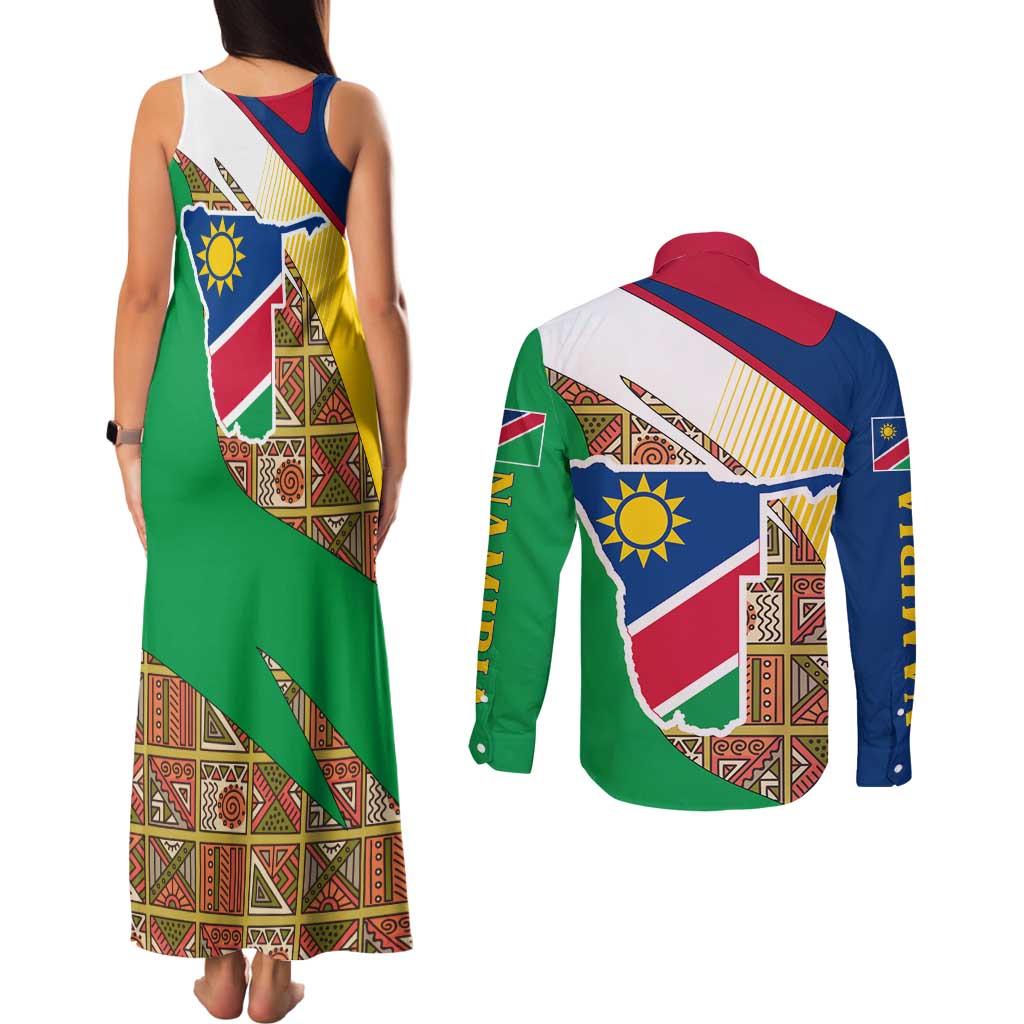 Namibia Map Couples Matching Tank Maxi Dress and Long Sleeve Button Shirt National Emblem & Cultural Motif Design
