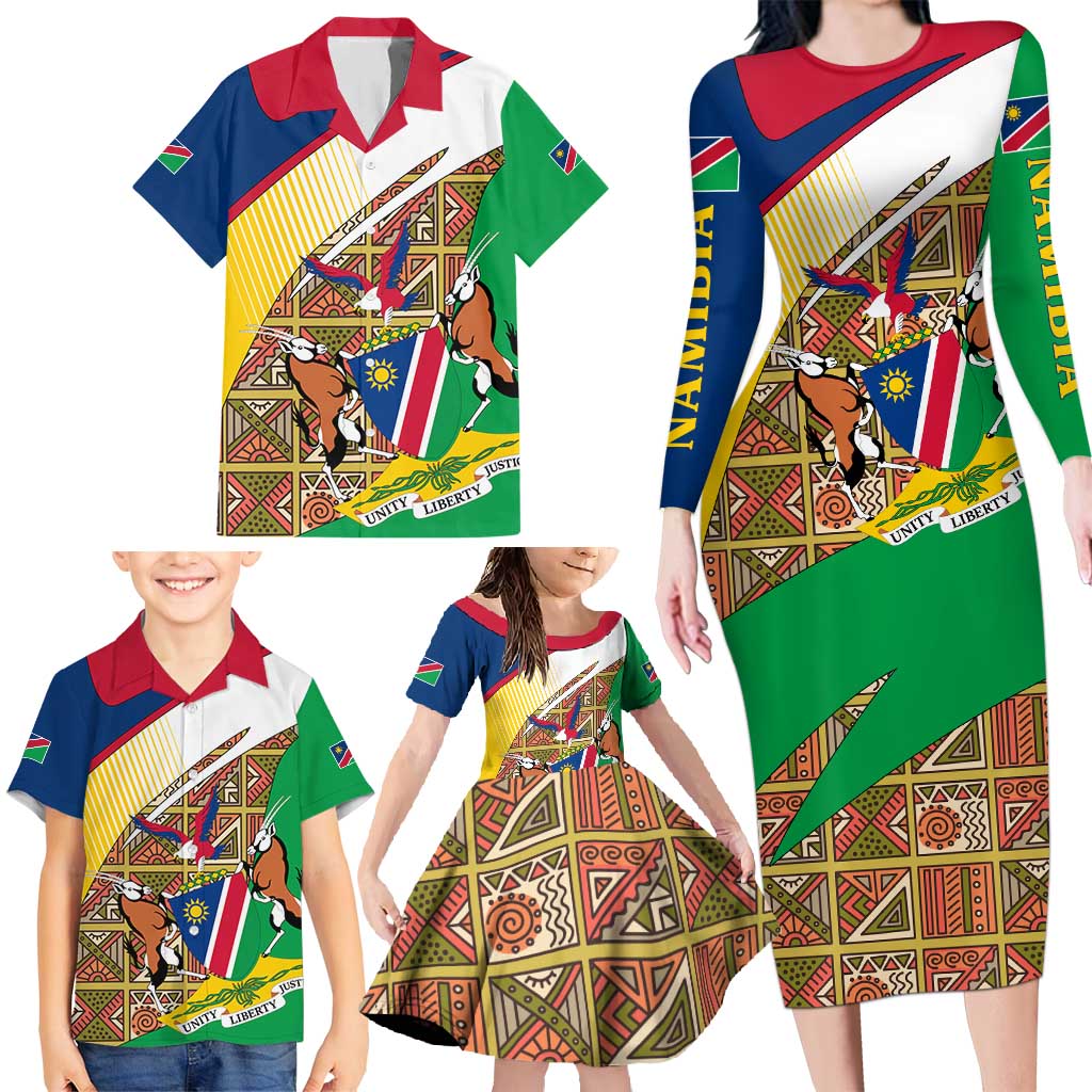 Namibia Map Family Matching Long Sleeve Bodycon Dress and Hawaiian Shirt National Emblem & Cultural Motif Design