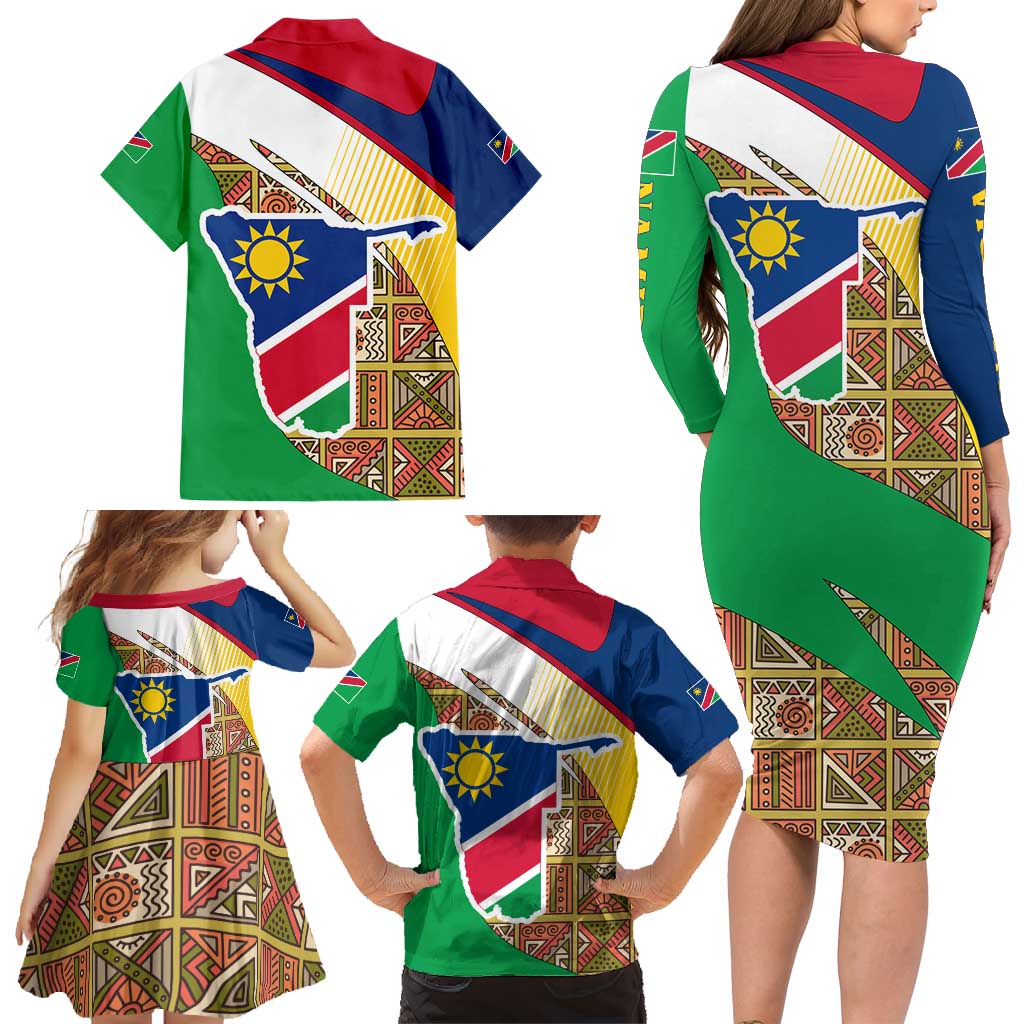 Namibia Map Family Matching Long Sleeve Bodycon Dress and Hawaiian Shirt National Emblem & Cultural Motif Design