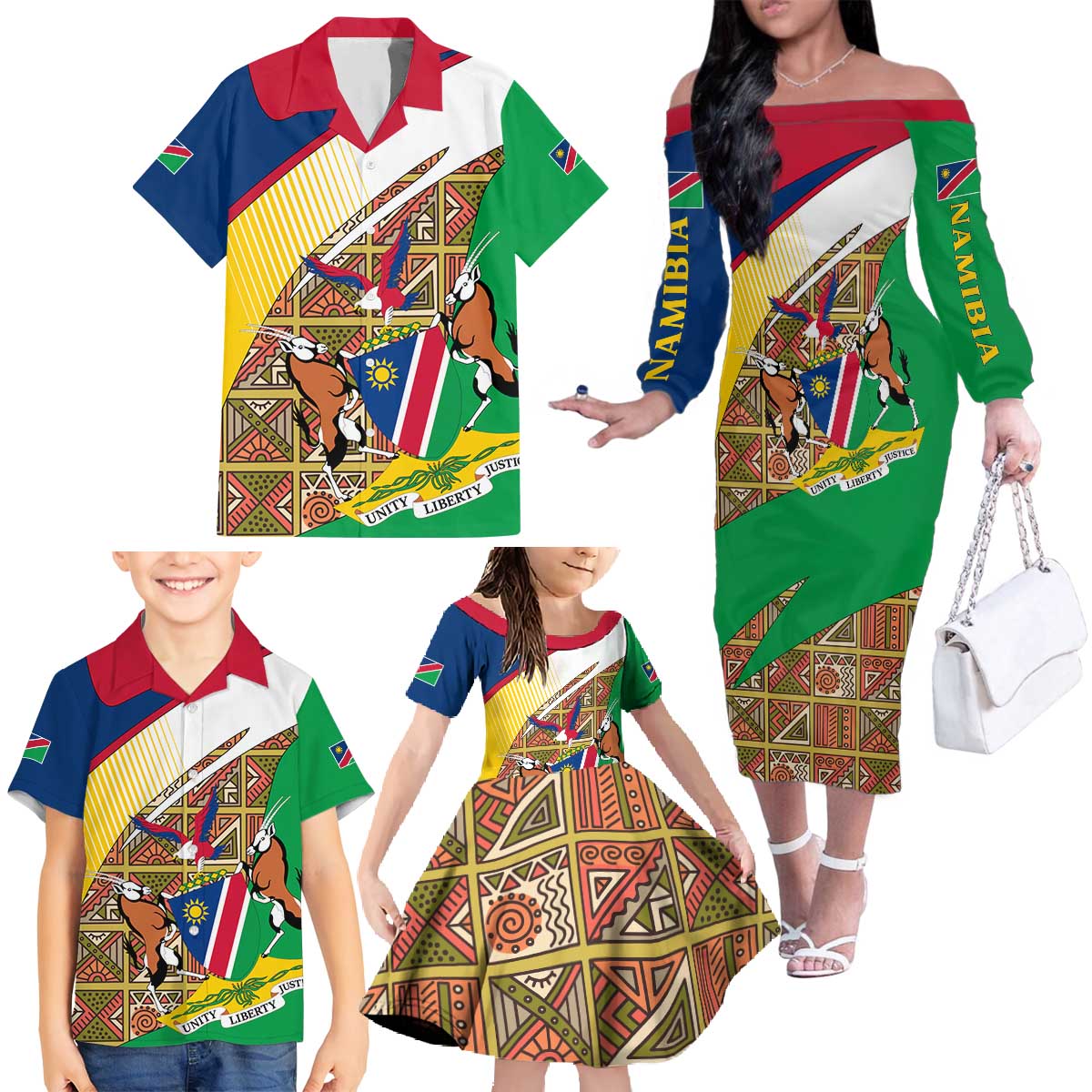 Namibia Map Family Matching Off The Shoulder Long Sleeve Dress and Hawaiian Shirt National Emblem & Cultural Motif Design