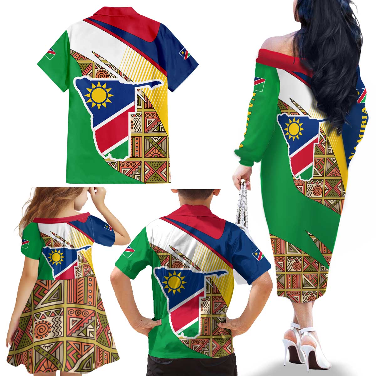 Namibia Map Family Matching Off The Shoulder Long Sleeve Dress and Hawaiian Shirt National Emblem & Cultural Motif Design