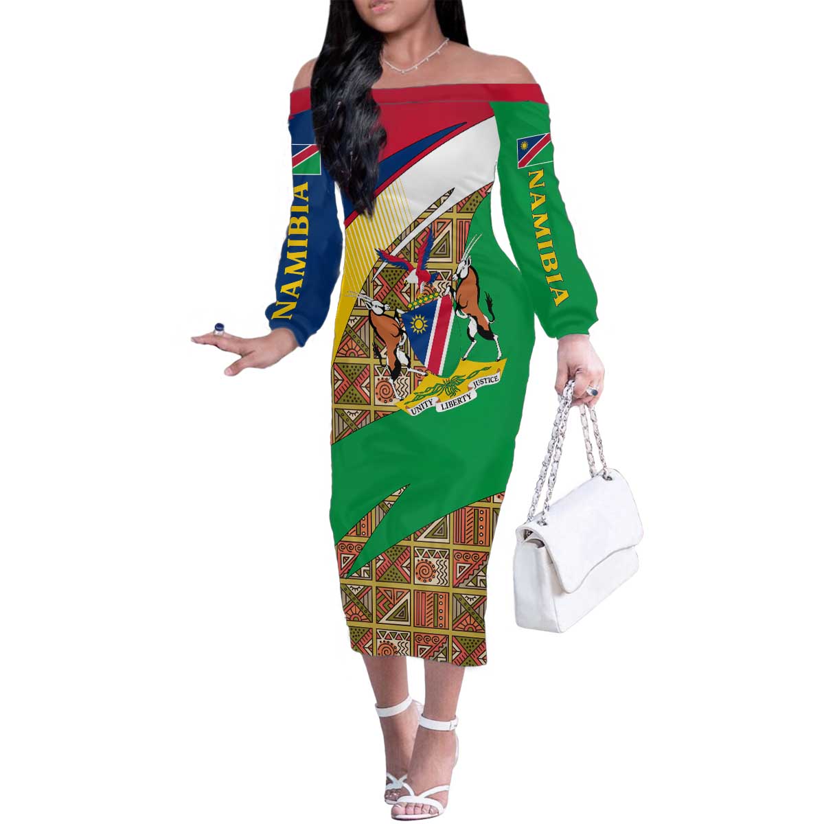 Namibia Map Family Matching Off The Shoulder Long Sleeve Dress and Hawaiian Shirt National Emblem & Cultural Motif Design