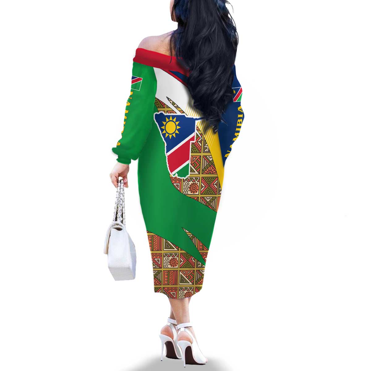 Namibia Map Family Matching Off The Shoulder Long Sleeve Dress and Hawaiian Shirt National Emblem & Cultural Motif Design