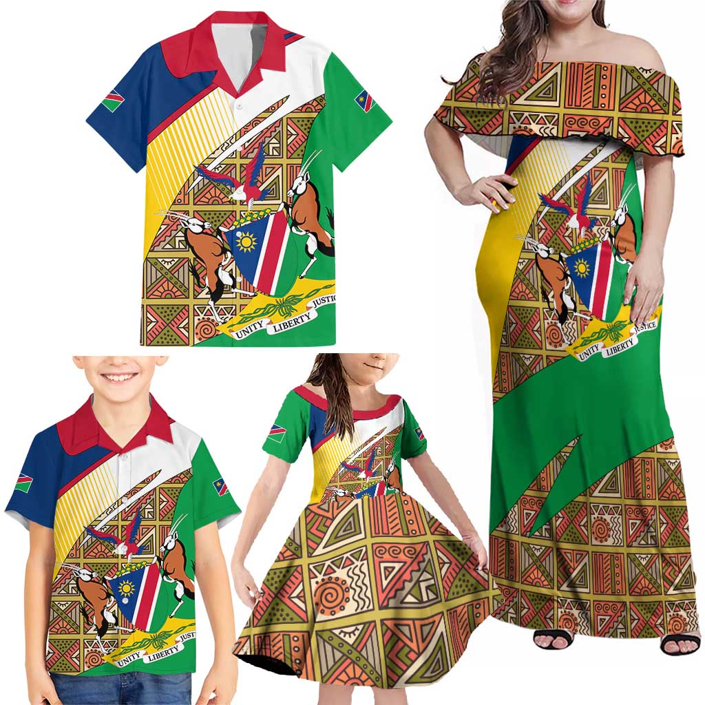 Namibia Map Family Matching Off Shoulder Maxi Dress and Hawaiian Shirt National Emblem & Cultural Motif Design