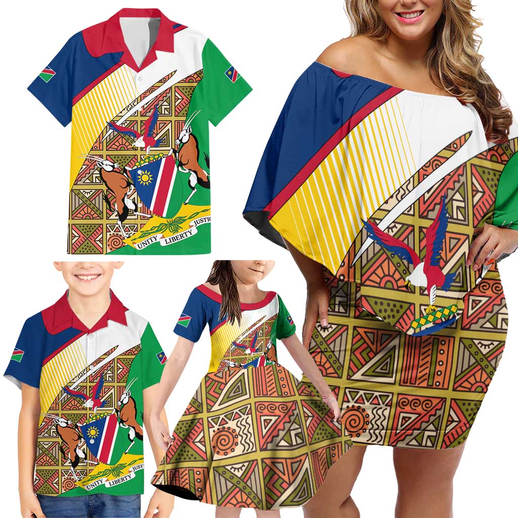 Namibia Map Family Matching Off Shoulder Short Dress and Hawaiian Shirt National Emblem & Cultural Motif Design