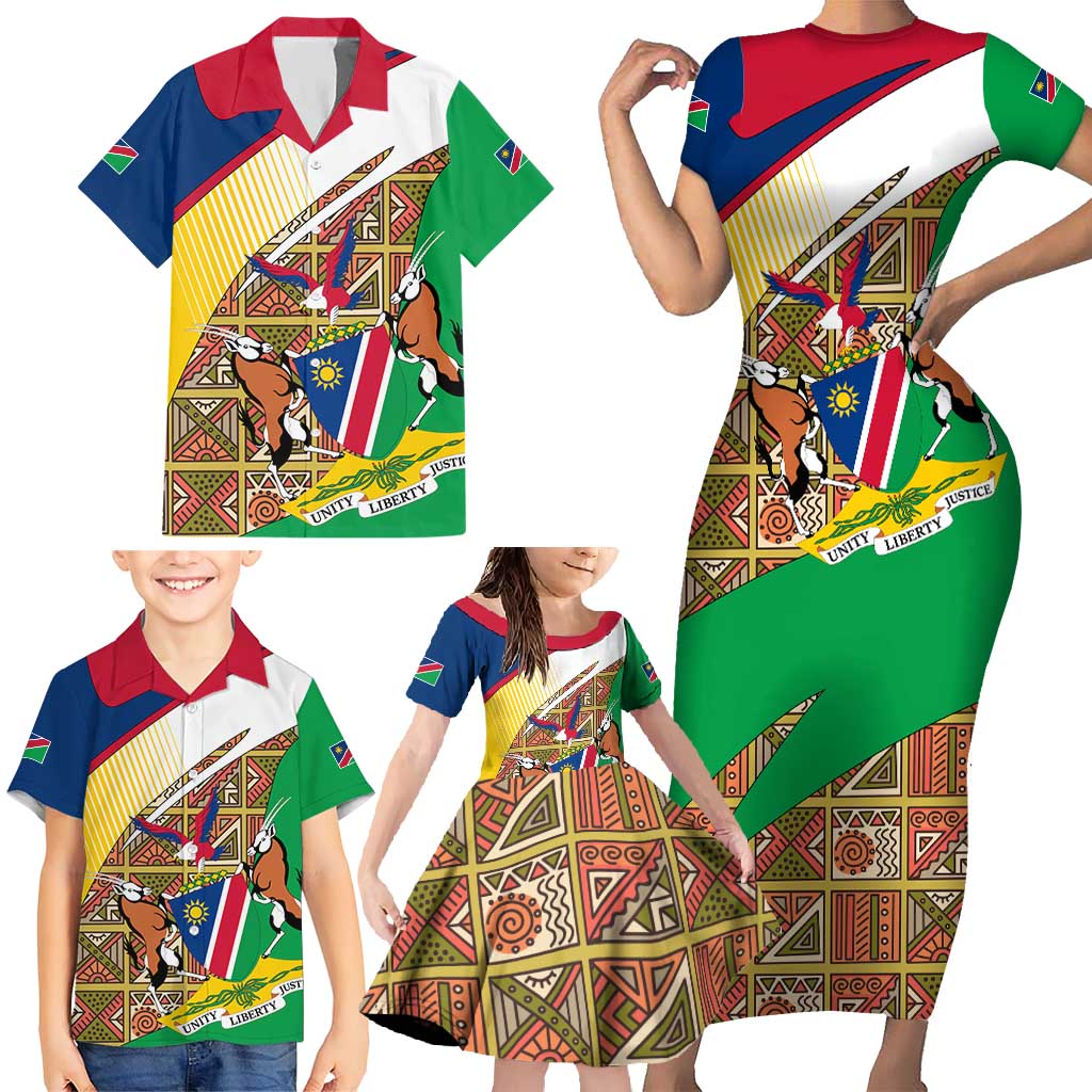 Namibia Map Family Matching Short Sleeve Bodycon Dress and Hawaiian Shirt National Emblem & Cultural Motif Design