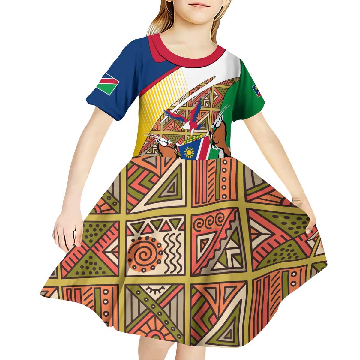 Namibia Map Kid Short Sleeve Dress National Emblem & Cultural Motif Design