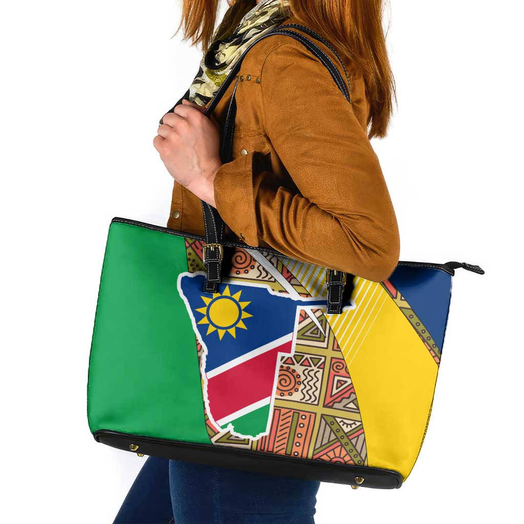Namibia Map Leather Tote Bag National Emblem & Cultural Motif Design
