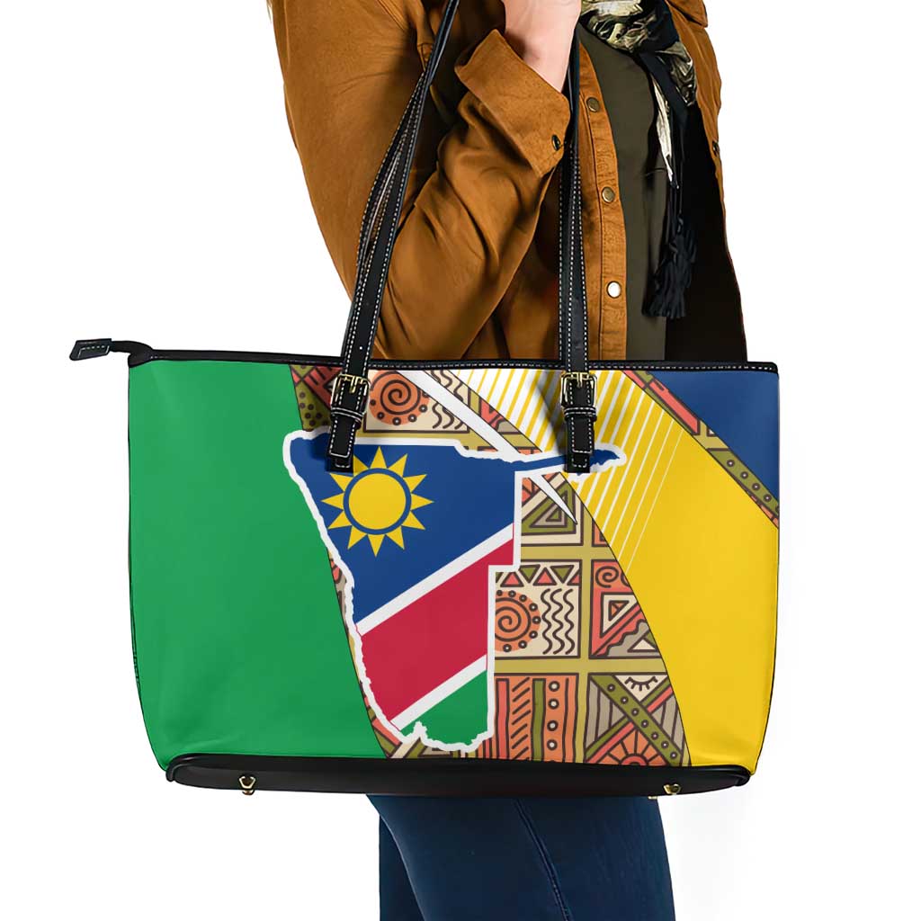 Namibia Map Leather Tote Bag National Emblem & Cultural Motif Design