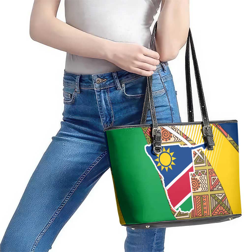 Namibia Map Leather Tote Bag National Emblem & Cultural Motif Design