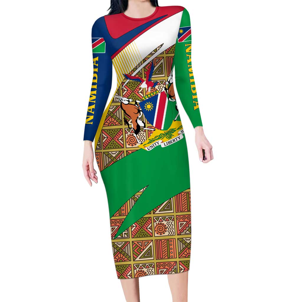 Namibia Map Long Sleeve Bodycon Dress National Emblem & Cultural Motif Design