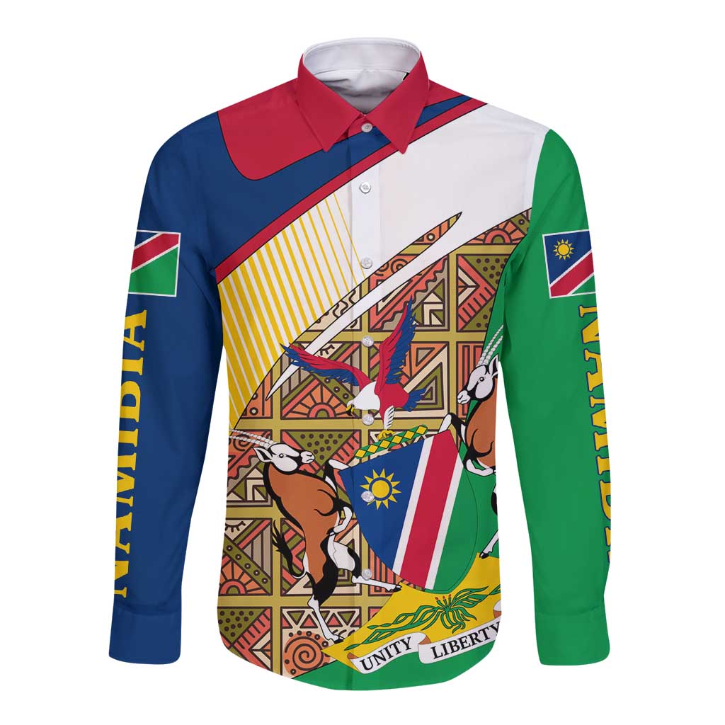 Namibia Map Long Sleeve Button Shirt National Emblem & Cultural Motif Design