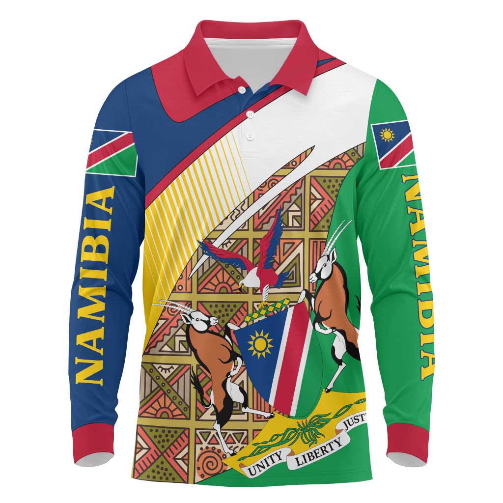 Namibia Map Long Sleeve Polo Shirt National Emblem & Cultural Motif Design