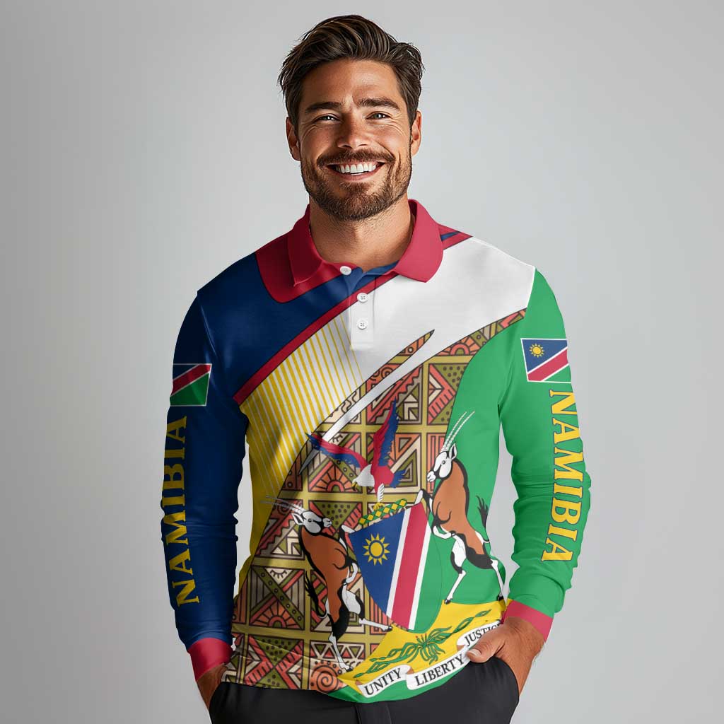 Namibia Map Long Sleeve Polo Shirt National Emblem & Cultural Motif Design